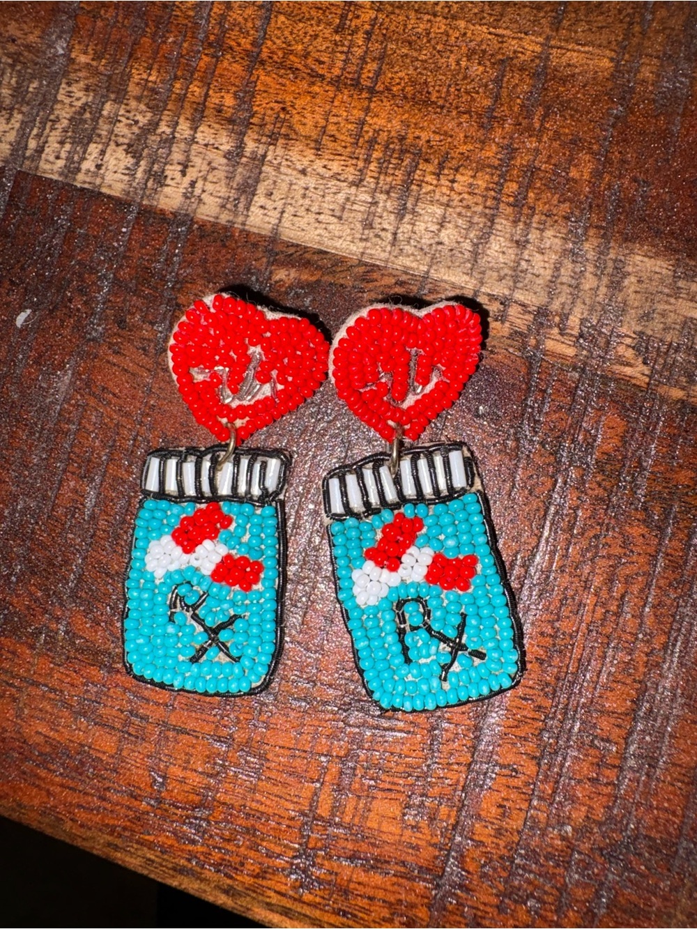 Hand-Beaded pill bottle Earrings with Red Heart Studs - women’s Accessories